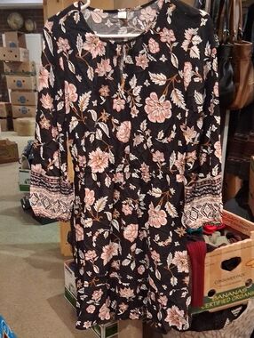 Old Navy Black Long-Sleeve Dress with Pink Floral Print